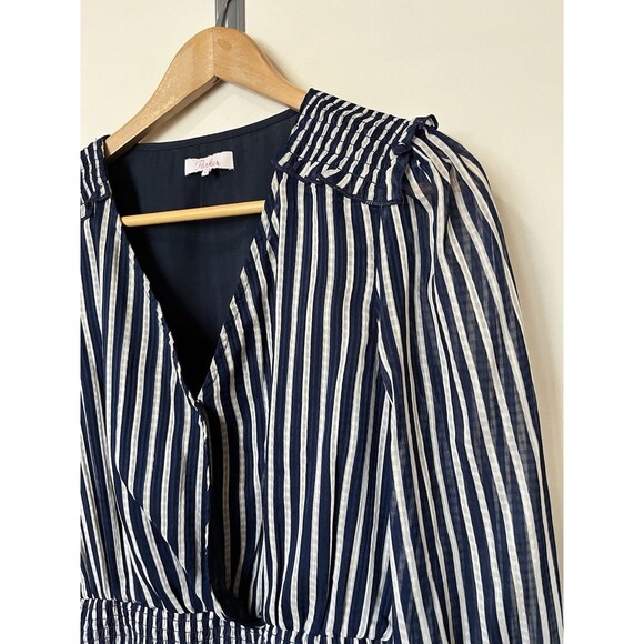 Parker Navy White Stripe V Neck Smocked Peplum Long Sleeve Blouse Size S - Picture 2 of 9